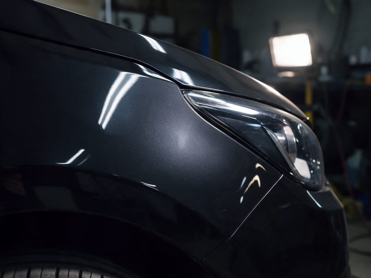 Same fender fully repaired with gloss black factory-matched paint