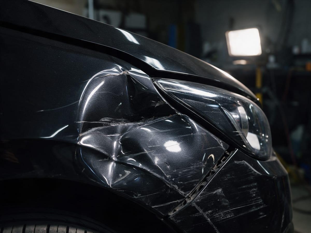 Black sedan fender with collision damage before repair at AKM Auto Body