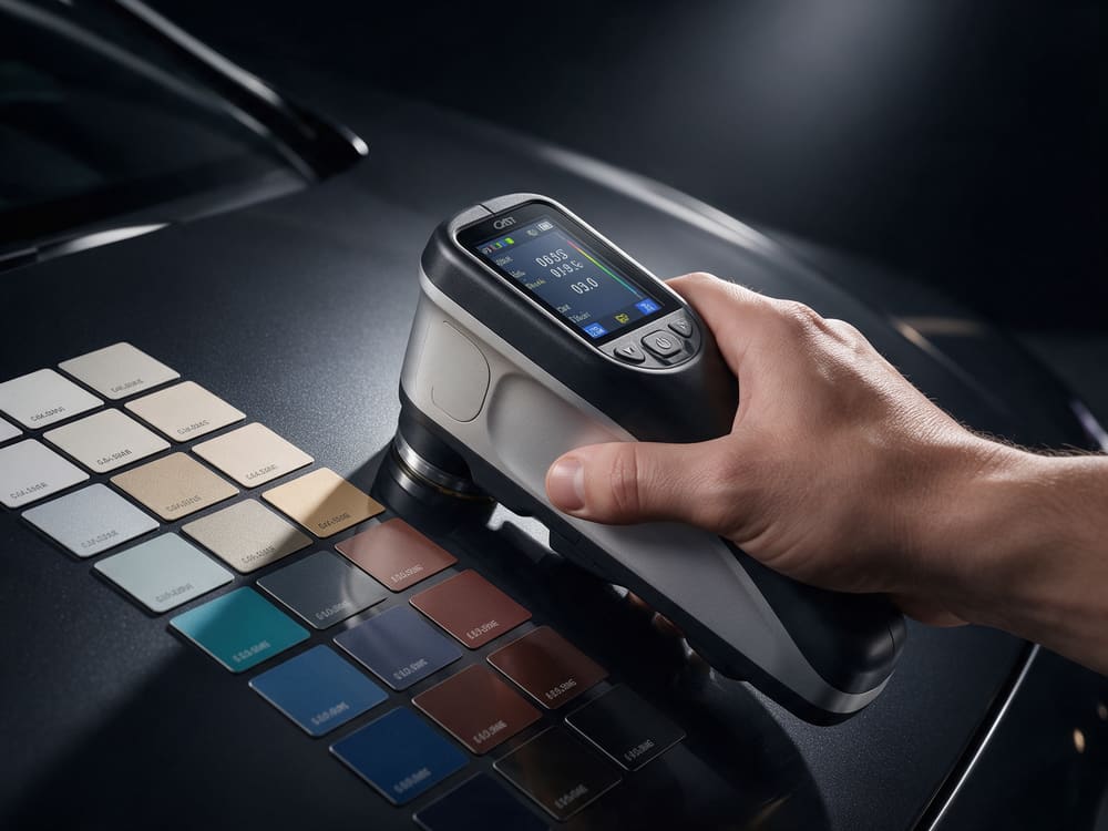 Paint color meter reading a black metallic panel for an exact factory match