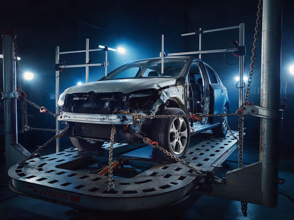 Car on a laser-measured frame straightening machine