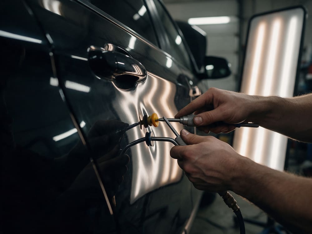 Technician performing paintless dent repair on a black car door